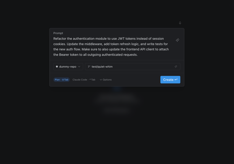 Baton new workspace dialog with task description, auto-generated branch name, and accept edits toggle