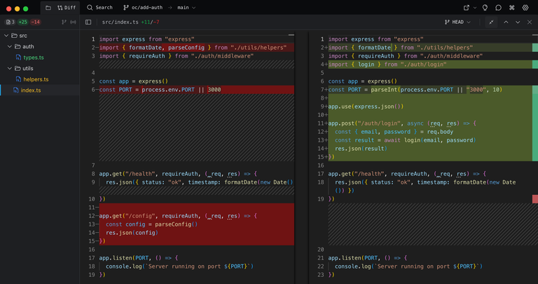 Baton diff viewer showing side-by-side code changes