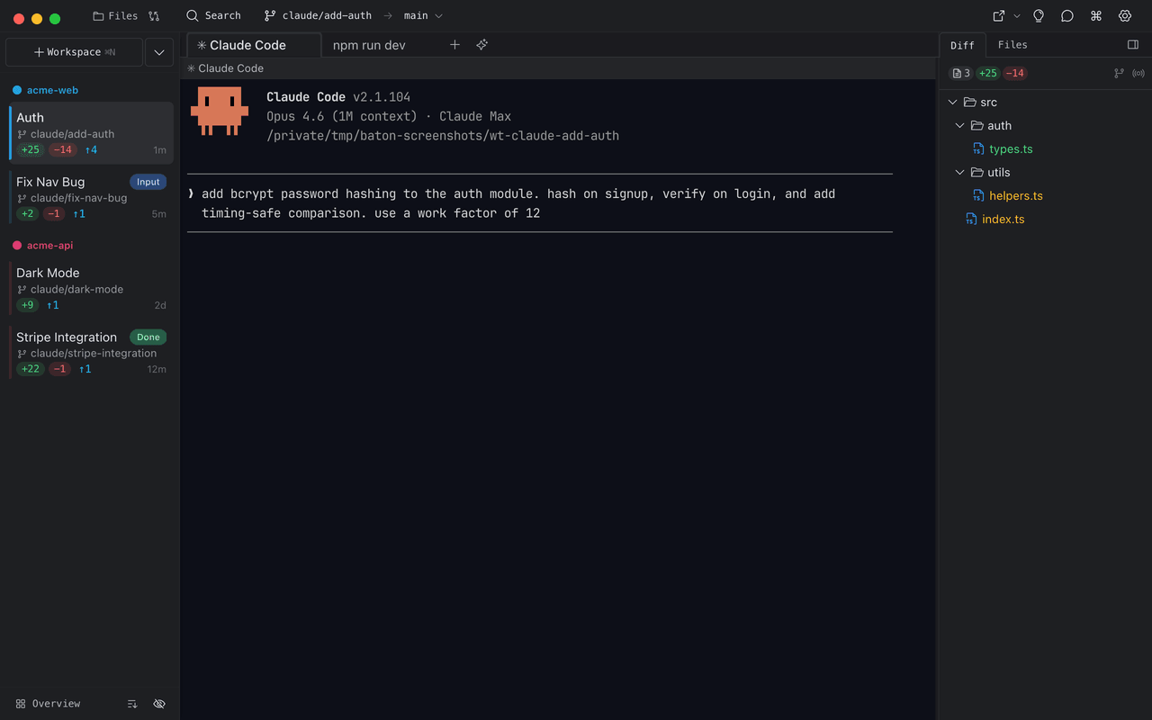 Baton app showing multiple Claude Code instances