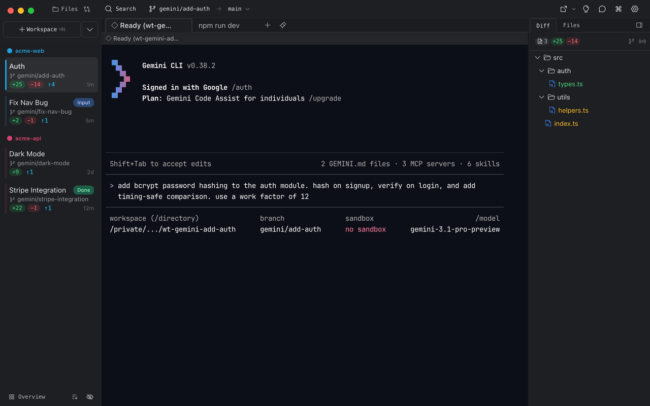 Baton app showing multiple Gemini CLI instances