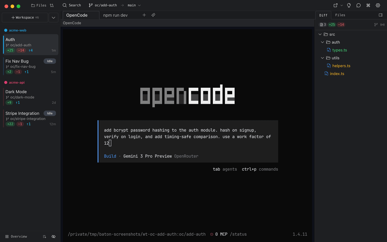 Baton app showing multiple OpenCode instances