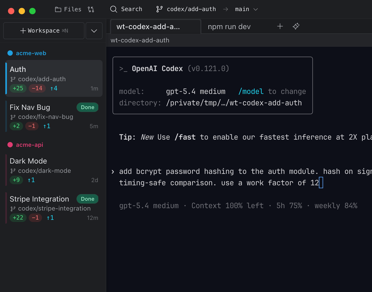 Baton workspace overview with project sidebar and workspace cards