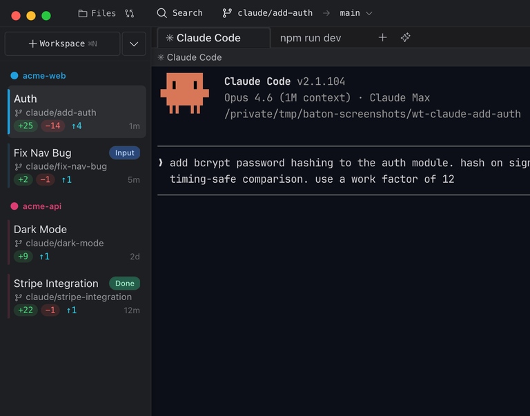 Baton workspace overview with project sidebar and workspace cards