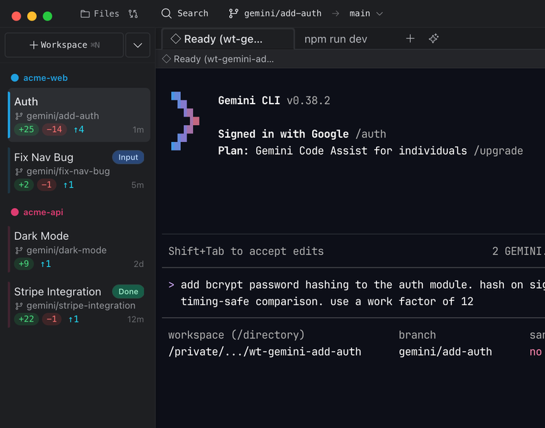 Baton workspace overview with project sidebar and workspace cards
